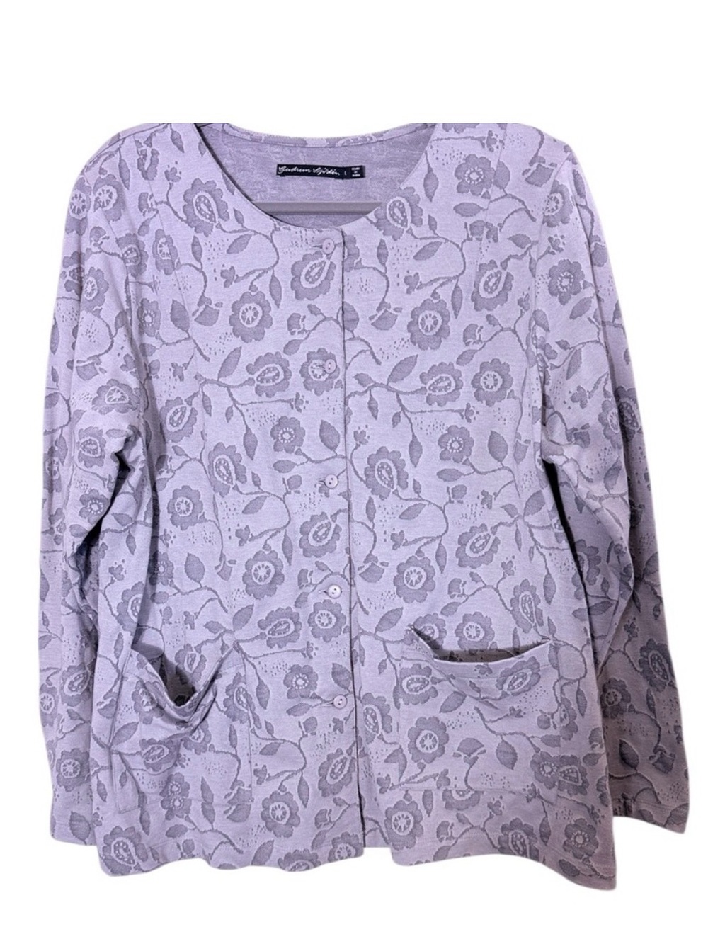 Gudrun Sjoden Lagenlook Organic Cotton Textured Knit Blazer/ Gray Floral/ Large